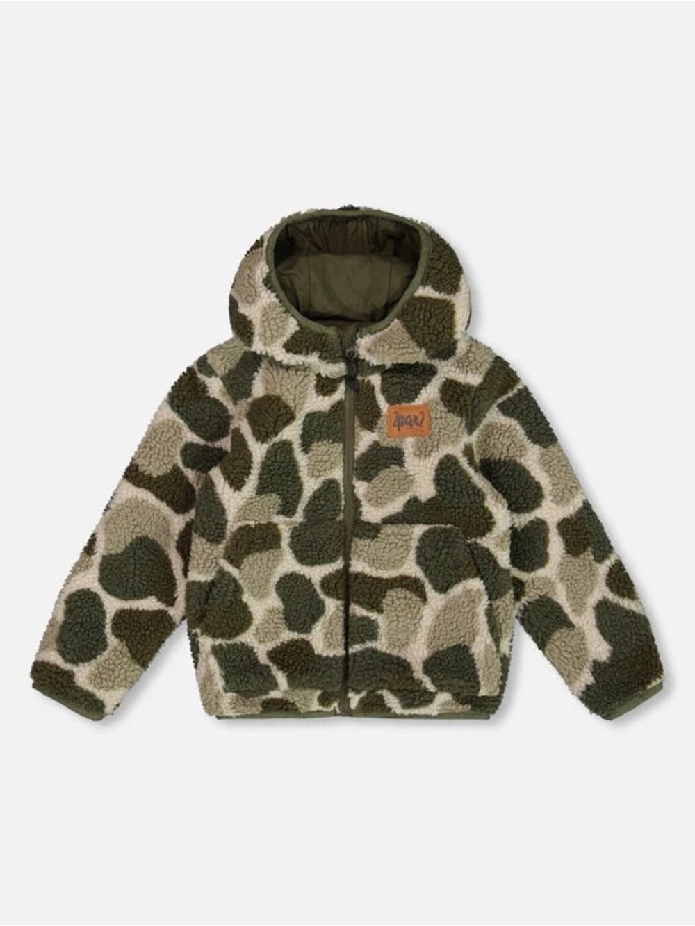 deux par deux Olive Green and Cream Camouflage Sherpa Jacket